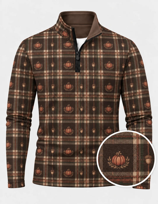 Golfpullover mit Thanksgiving-Kürbis-, Eichel- und Karomuster, Funktionsmaterial und Viertelreißverschluss