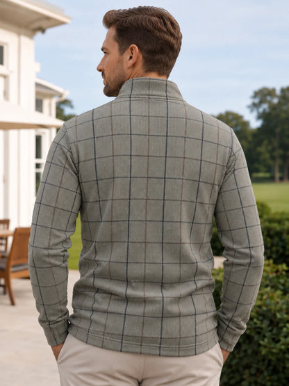 Golf-Pullover mit Viertelreißverschluss und Fensterkaromuster in Salbeigrau
