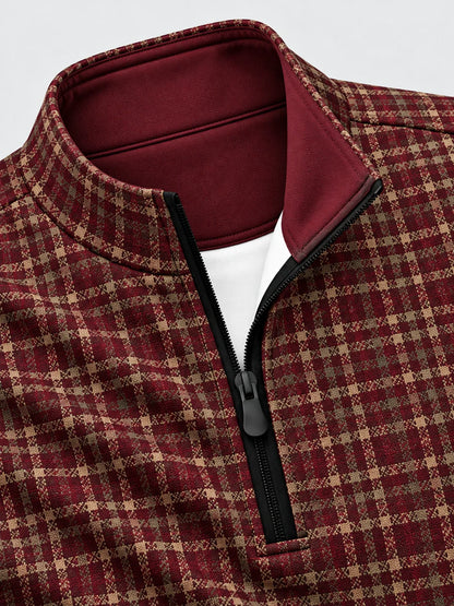Burgunderroter Golf-Pullover mit Viertelreißverschluss und goldfarbenem Karomuster