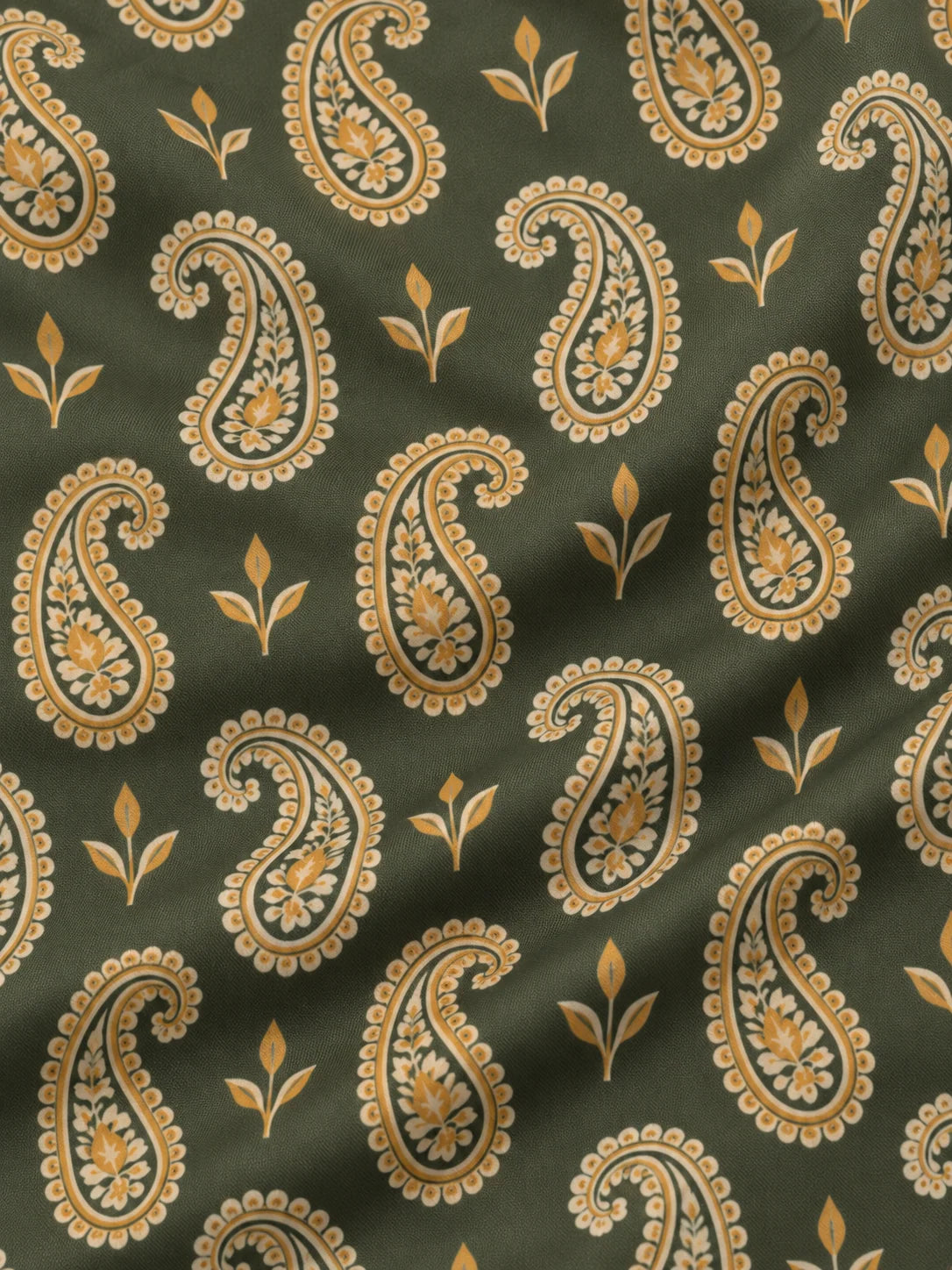 Performance-Pullover in Olivgrün und Gold mit Paisley-Muster und kurzem Reißverschluss