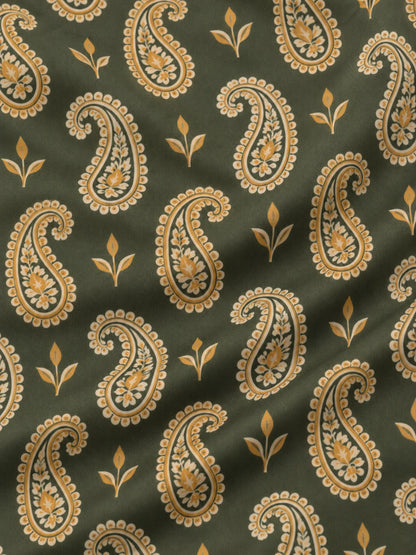 Performance-Pullover in Olivgrün und Gold mit Paisley-Muster und kurzem Reißverschluss
