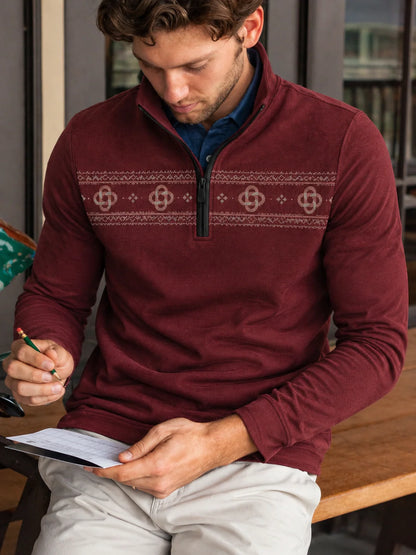 Burgunderroter Performance-Pullover mit keltischem Knotenmuster und Viertelreißverschluss