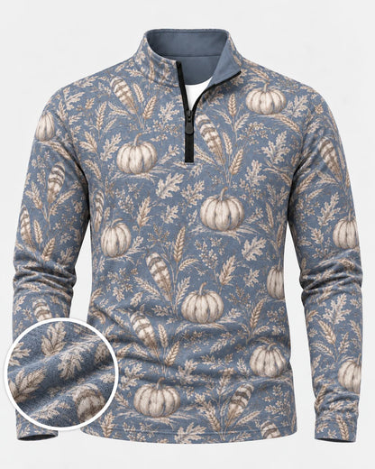 Staubblauer Golfpullover aus Funktionsmaterial mit Kürbismotiv und kurzem Reißverschluss