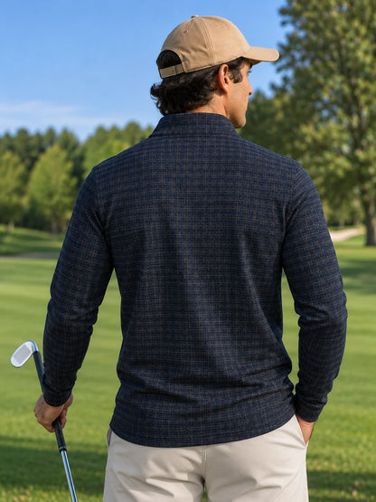 Marineblauer Karo-Performance-Golfpullover mit kurzem Reißverschluss