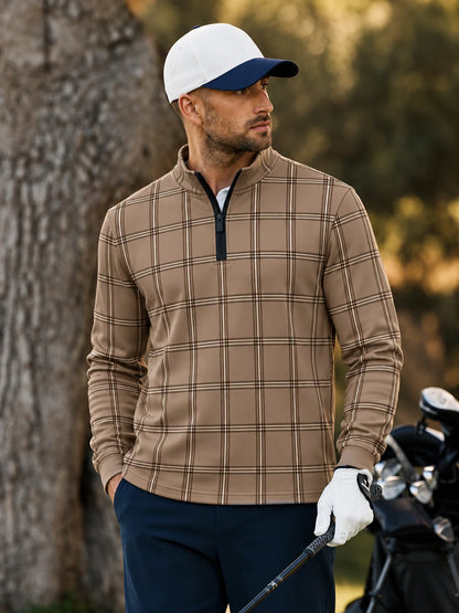 Golf-Pullover in Mokka mit großem Karomuster und kurzem Reißverschluss