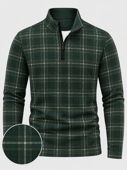 Golf-Pullover aus Funktionsmaterial in Immergrün mit Fensterkaromuster und Viertelreißverschluss