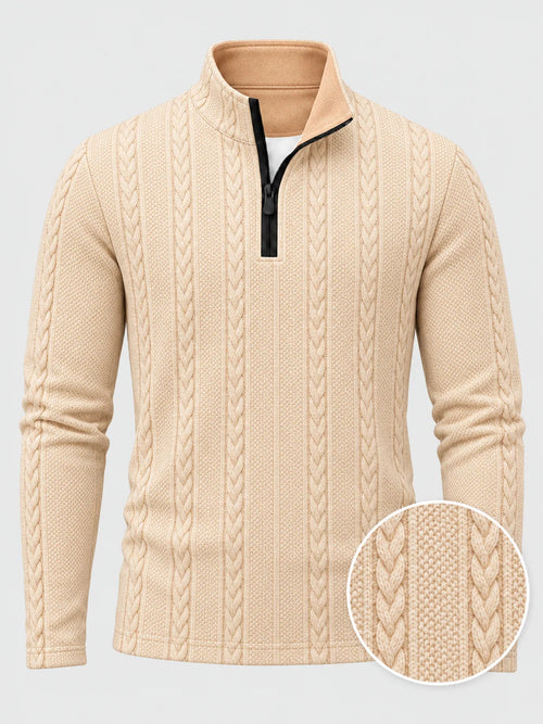 Golf-Pullover mit Viertelreißverschluss und Zopfmuster in Cremeweiß