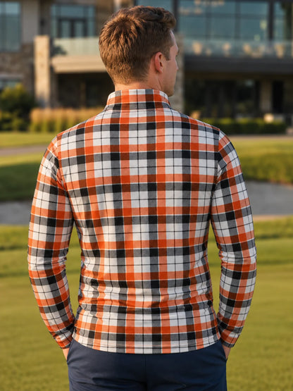 Herbstorangefarbener Performance-Quarter-Zip-Pullover mit Karomuster