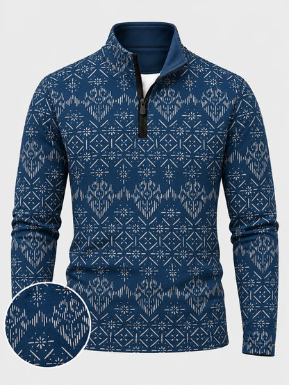 Dunkelblauer Performance-Pullover mit geometrischem Muster und kurzem Reißverschluss
