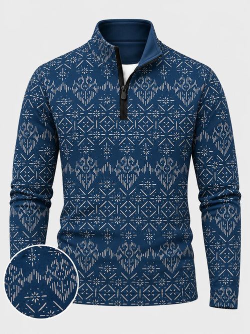 Dunkelblauer Performance-Pullover mit geometrischem Muster und kurzem Reißverschluss