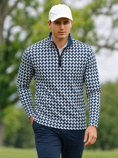 Blauer Performance-Pullover mit Wellenmuster und kurzem Reißverschluss