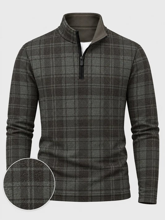 Golf-Pullover mit Viertelreißverschluss und Karomuster in Anthrazit und Olivgrün