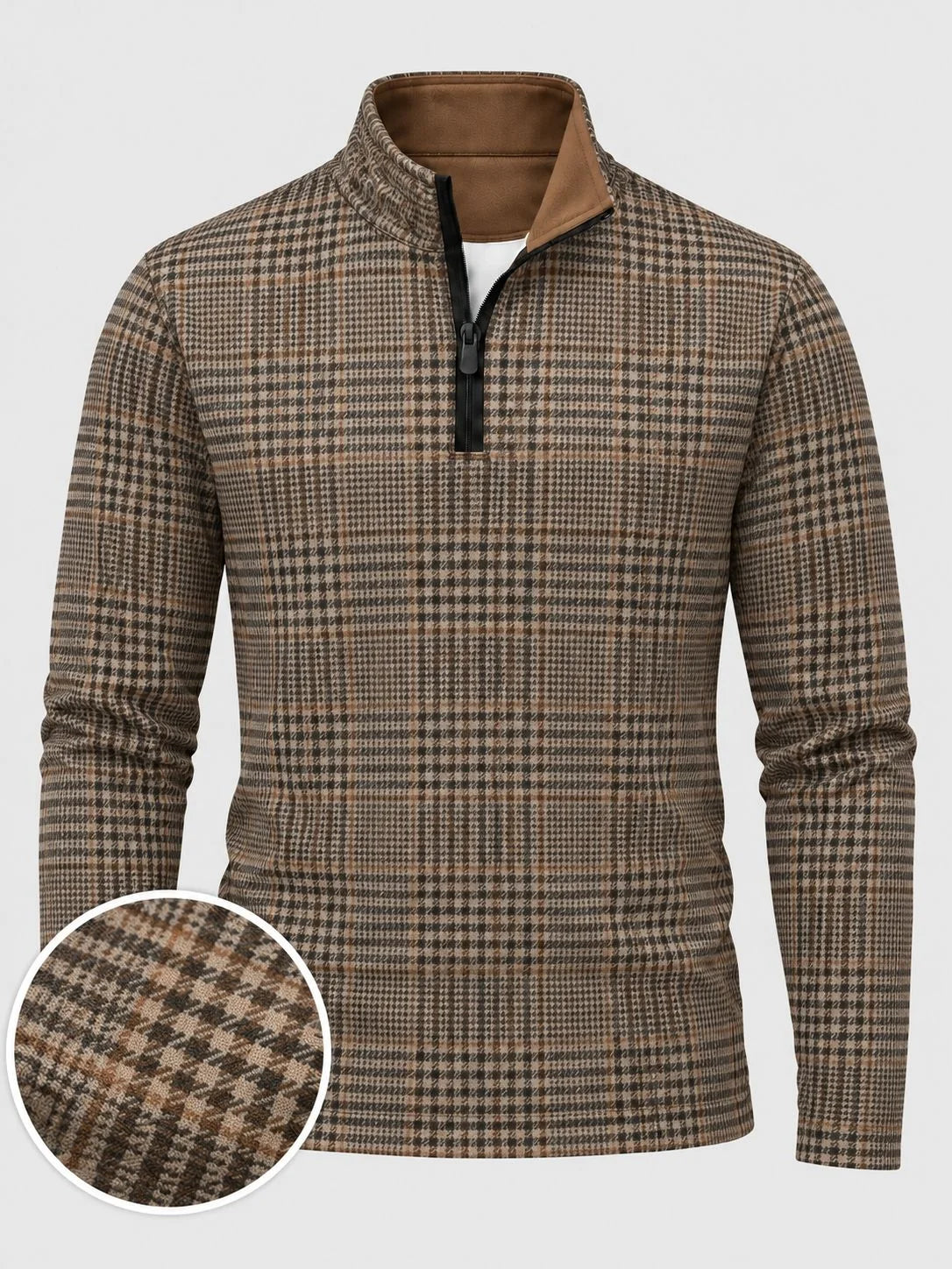 Golf-Pullover aus Funktionsmaterial in Kamelbraun mit Hahnentritt-Karomuster und Viertelreißverschluss