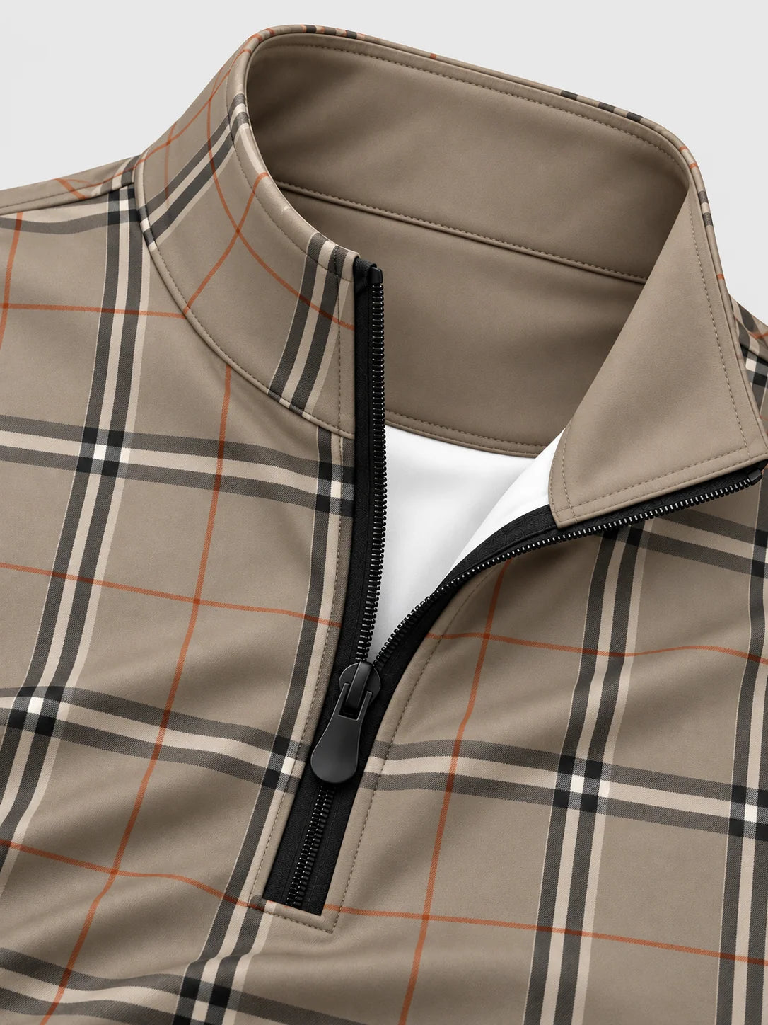 Golf-Pullover in Steingrau mit Karomuster und kurzem Reißverschluss