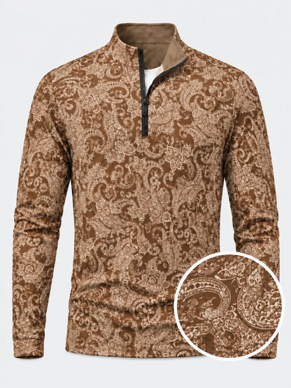 Mokkabrauner Performance-Quarter-Zip-Pullover mit Heritage-Paisley-Muster