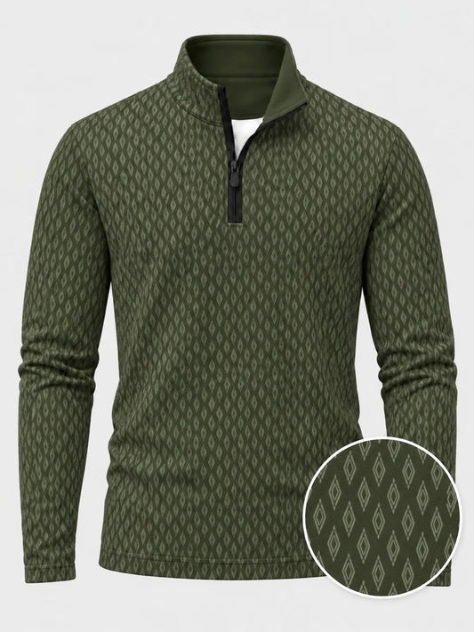 Performance-Pullover mit Viertelreißverschluss und Rautenmuster in Olivgrün