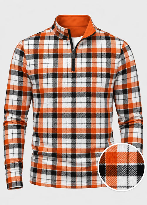 Herbstorangefarbener Performance-Quarter-Zip-Pullover mit Karomuster