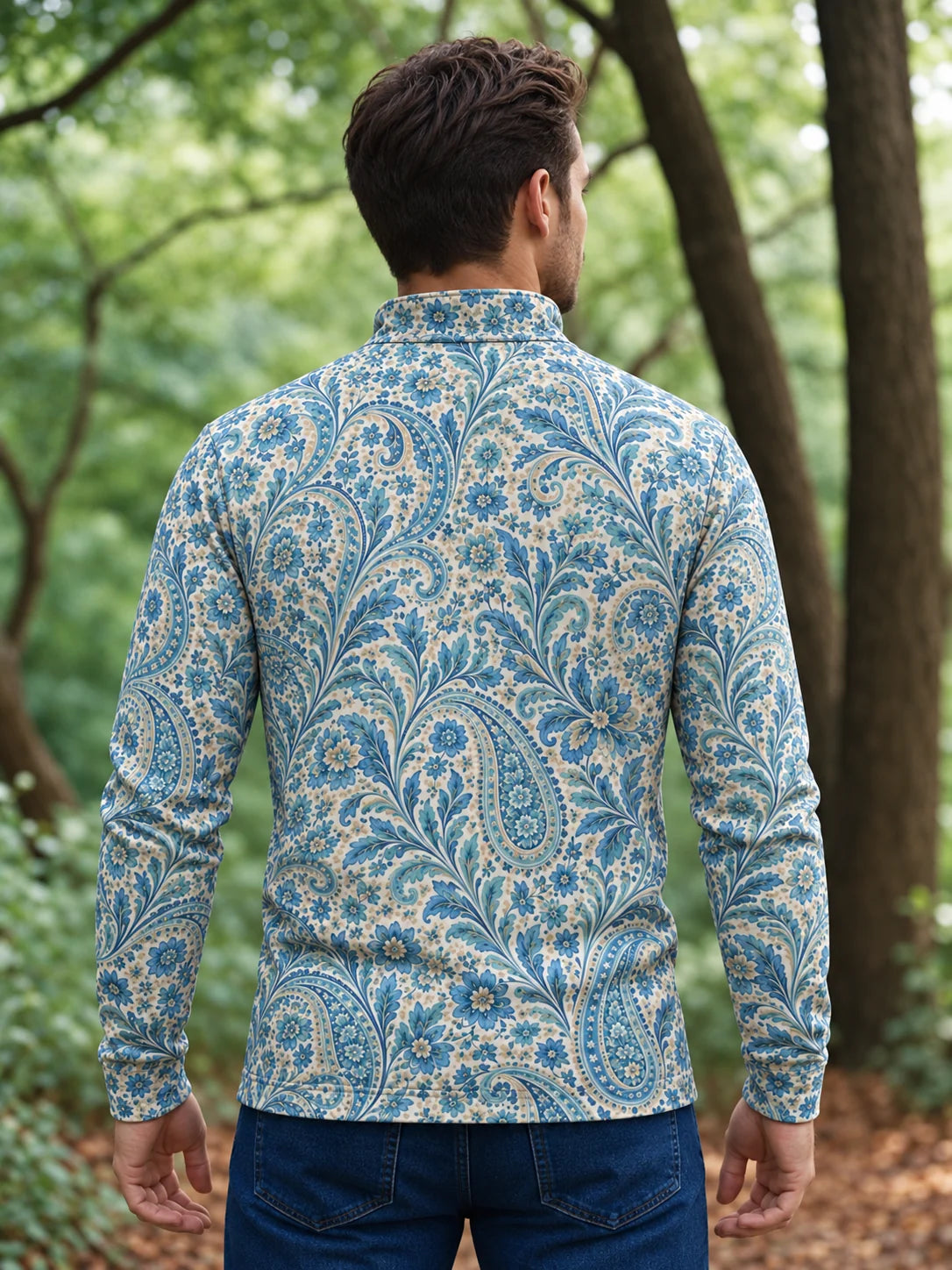 Golfpullover in Himmelblau mit floralem Paisley-Muster, Funktionsmaterial und Viertelreißverschluss