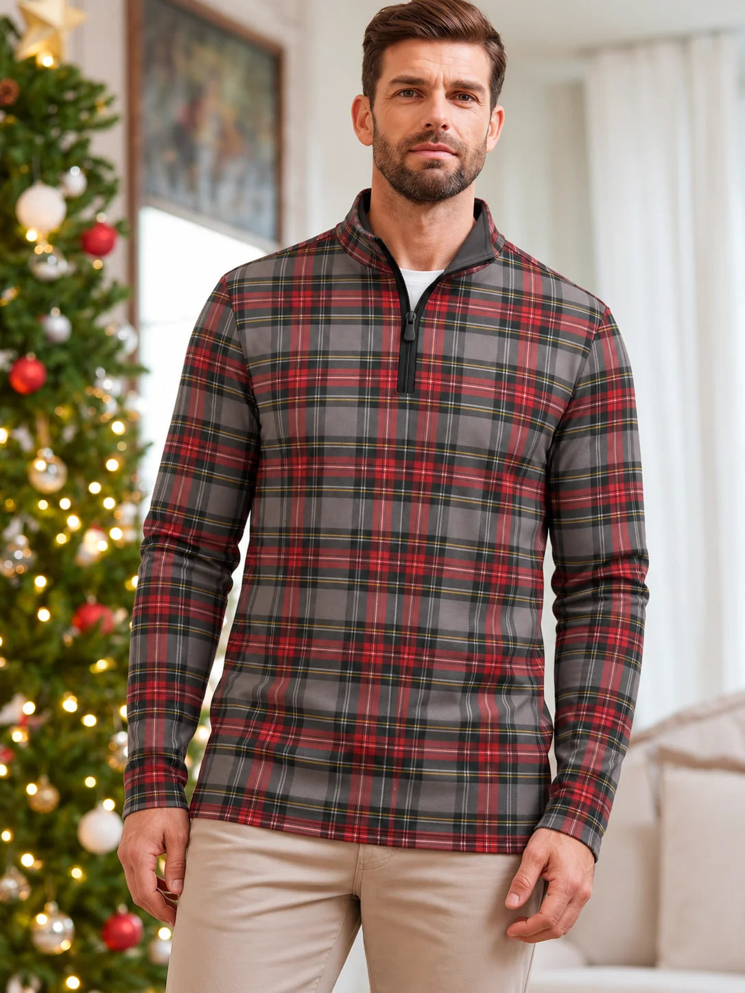 Golfpullover mit rot-grauem Weihnachtstartan und Viertelreißverschluss