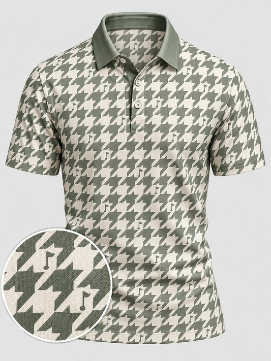 Salbeigrünes Hahnentritt-Performance-Golfpoloshirt