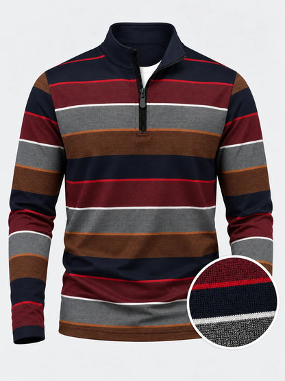 Bordeauxroter Golf-Pullover mit anthrazitfarbenen und kupferfarbenen Color-Blocking-Elementen und Viertelreißverschluss aus Funktionsmaterial