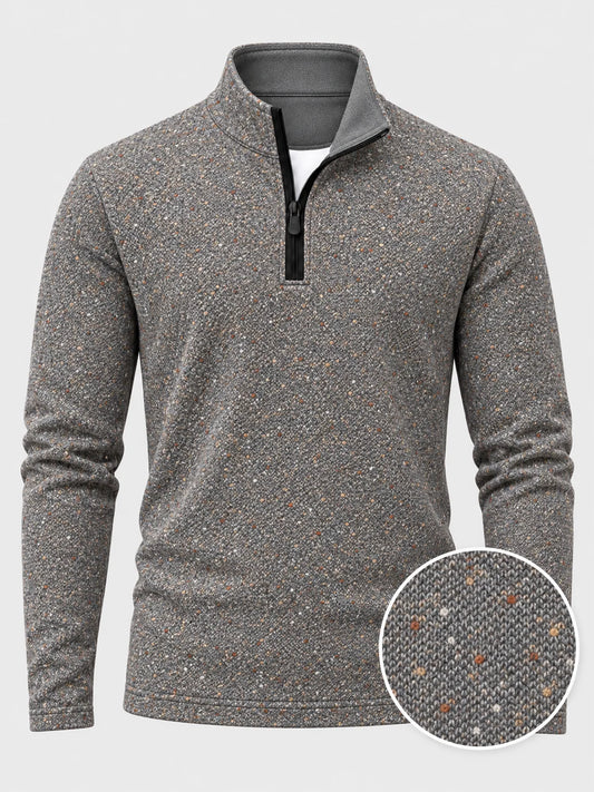 Golf-Pullover mit Viertelreißverschluss und Donegal-Tweed-Muster in meliertem Grau