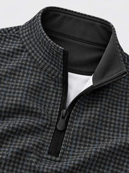 Golf-Pullover mit Viertelreißverschluss und Mikro-Karomuster in Anthrazitblau