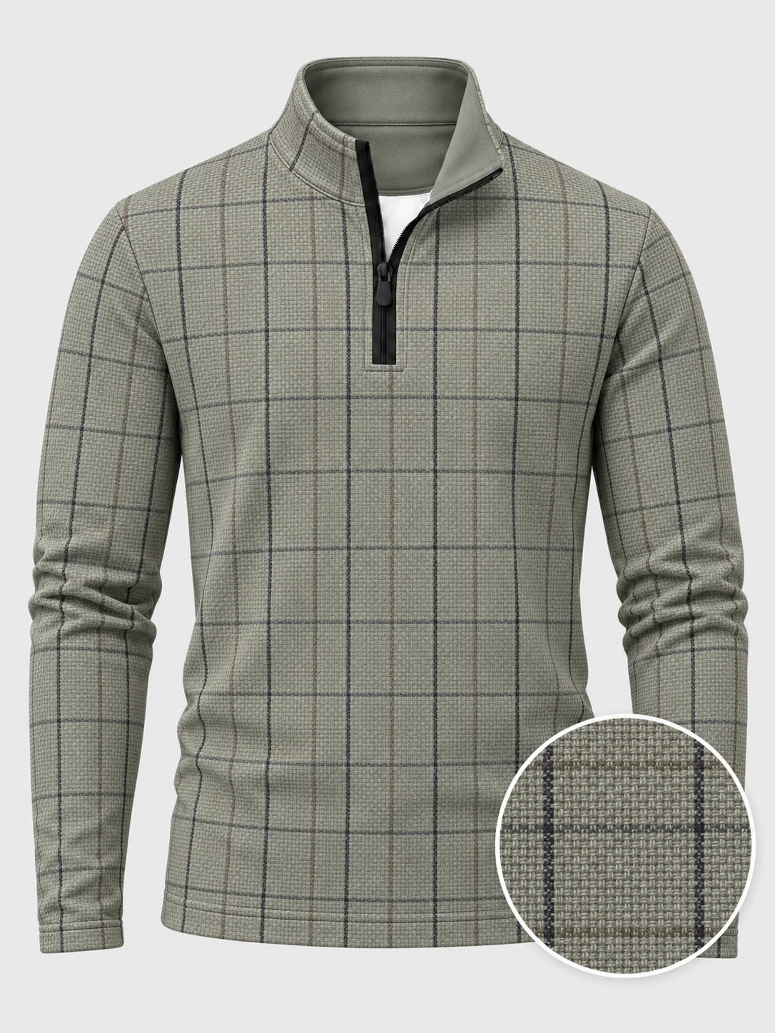 Golf-Pullover mit Viertelreißverschluss und Fensterkaromuster in Salbeigrau