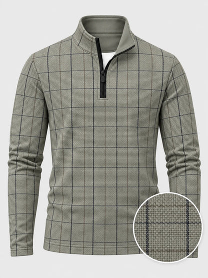 Golf-Pullover mit Viertelreißverschluss und Fensterkaromuster in Salbeigrau