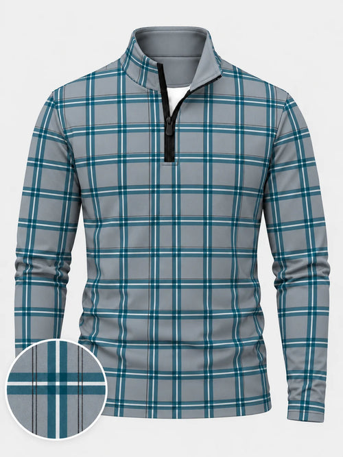 Golf-Pullover in Blaugrün und Grau mit Karomuster und kurzem Reißverschluss