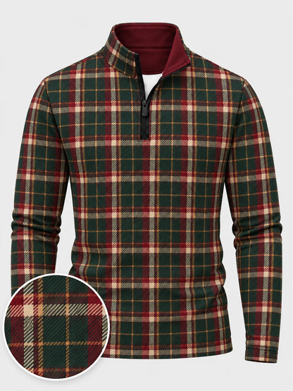 Golfpullover in Tannengrün mit weihnachtlichem Tartanmuster und Viertelreißverschluss