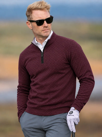 Golfpullover mit Mikro-Punktmuster in dunklem Pflaumenlila, Funktionsmaterial und Viertelreißverschluss