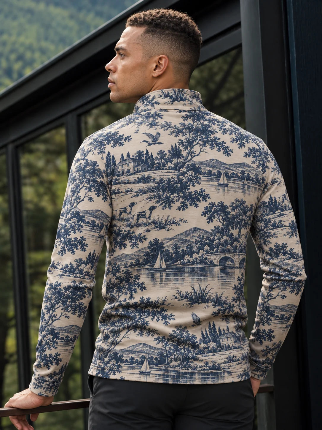 Blau-cremefarbener Golfpullover im Country-Stil mit Viertelreißverschluss