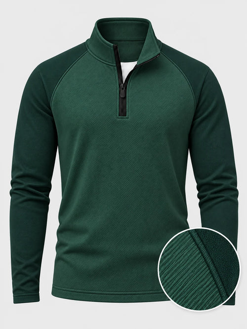 Golf-Pullover aus Funktionsmaterial in Waldgrün mit diagonaler Rippstruktur und Viertelreißverschluss