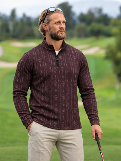 Dunkelpflaumenfarbener Heritage-Pullover mit Muster und kurzem Reißverschluss