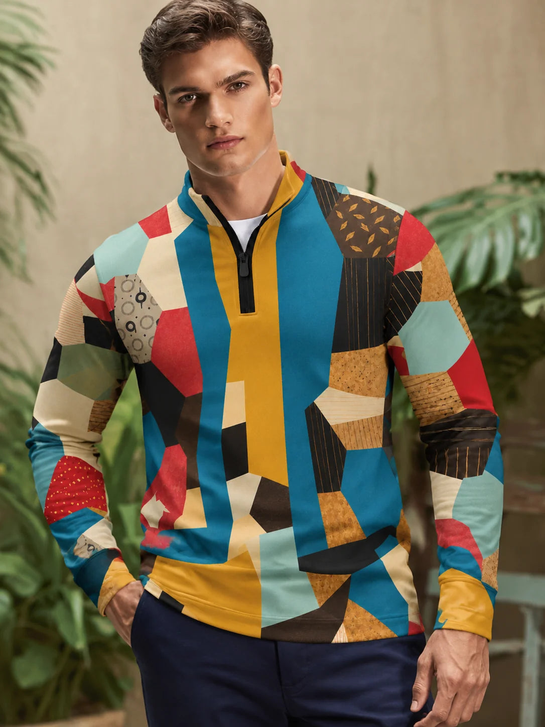 Sportpullover mit mehrfarbigem Patchwork-Print und kurzem Reißverschluss