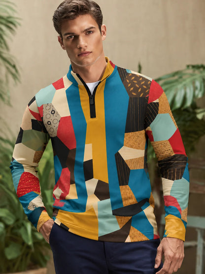 Sportpullover mit mehrfarbigem Patchwork-Print und kurzem Reißverschluss
