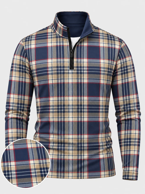 Golfpullover in Camel und Tintenschwarz mit Tartanmuster und Viertelreißverschluss
