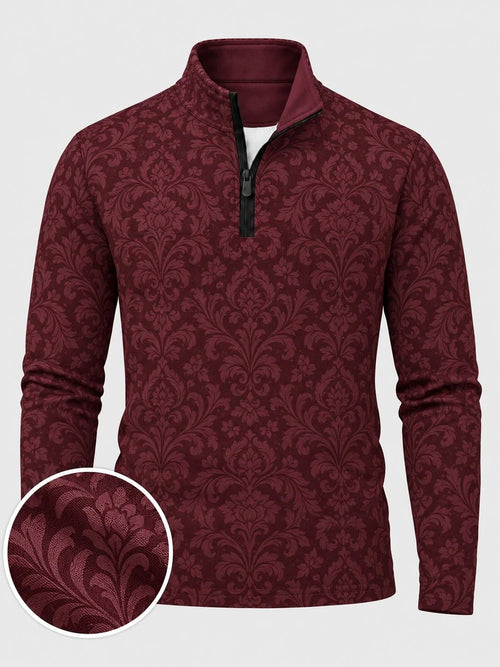 Burgunderroter Golf-Pullover aus Funktionsmaterial mit elegantem Damastmuster und Viertelreißverschluss