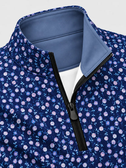 Performance-Pullover in Marineblau mit lavendelfarbenem Blumenmuster und Viertelreißverschluss