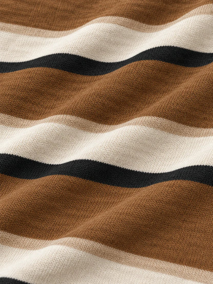 Golf-Pullover mit breiten Streifen in Espressobraun, Elfenbein und Schwarz und Viertelreißverschluss aus Funktionsmaterial