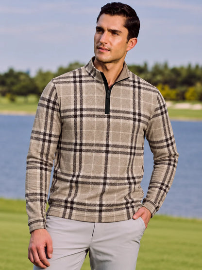 Golf-Pullover mit Viertelreißverschluss und Karomuster in Taupe