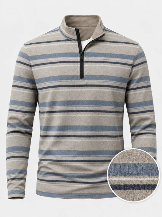 Sandfarbener Performance-Quarter-Zip-Pullover mit blauen Streifen