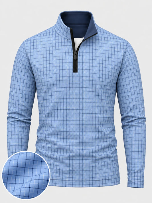 Golfpullover in Kornblumenblau mit Tattersall-Karomuster und Viertelreißverschluss