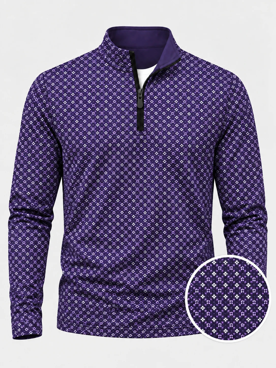 Dunkellila Golf-Pullover mit floralem Mini-Muster und Viertelreißverschluss aus Funktionsmaterial