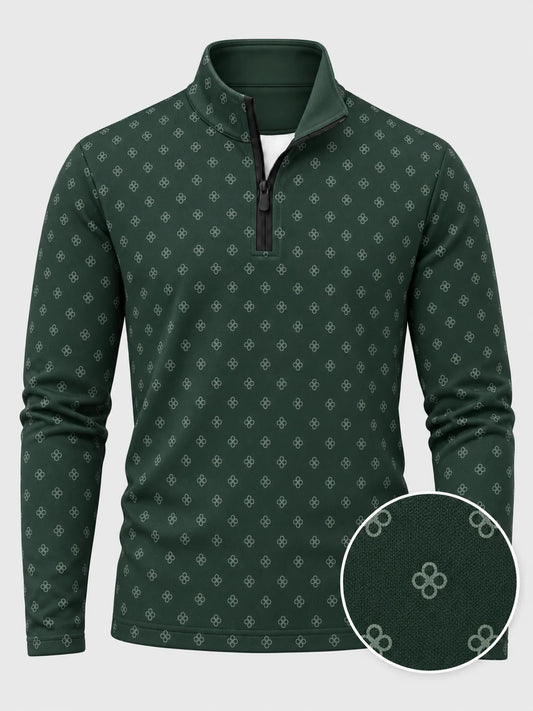 Golfpullover mit Kleeblatt-Muster in Waldgrün, Funktionsmaterial und Viertelreißverschluss