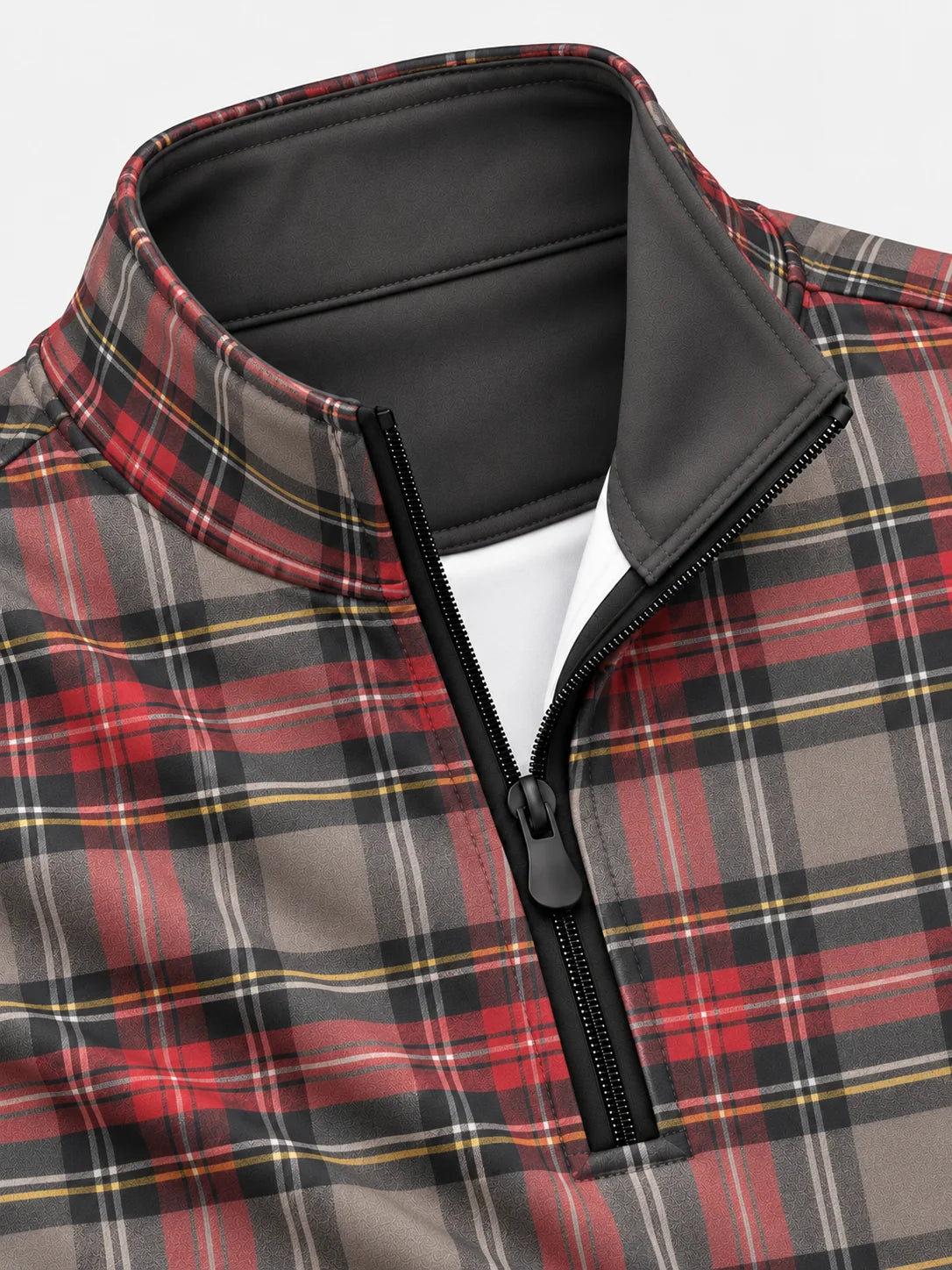 Golfpullover mit rot-grauem Weihnachtstartan und Viertelreißverschluss