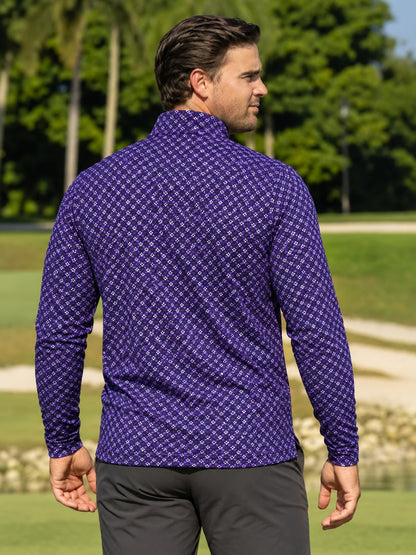 Dunkellila Golf-Pullover mit floralem Mini-Muster und Viertelreißverschluss aus Funktionsmaterial