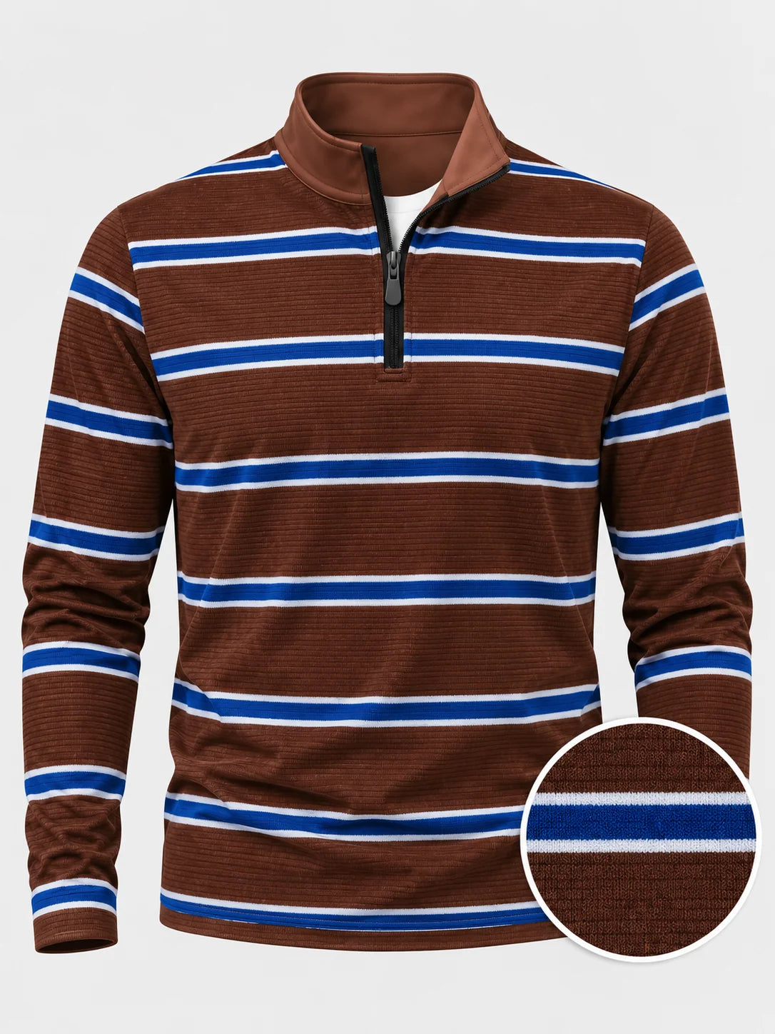 Schokoladenbrauner Golf-Pullover mit kobaltblauen und weißen Streifen und Viertelreißverschluss aus Funktionsmaterial