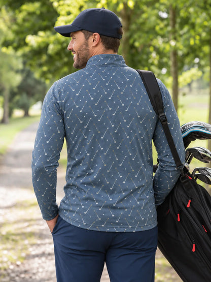 Schieferblauer Golfpullover mit Golfclub-Muster und kurzem Reißverschluss